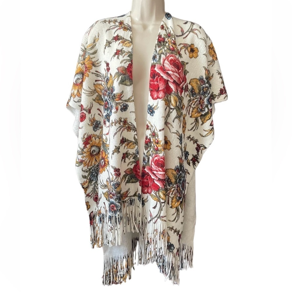 EUC Anthropologie Marseille Floral Fringed Kimono Poncho Shawl O/S Boho Western - Picture 7 of 15
